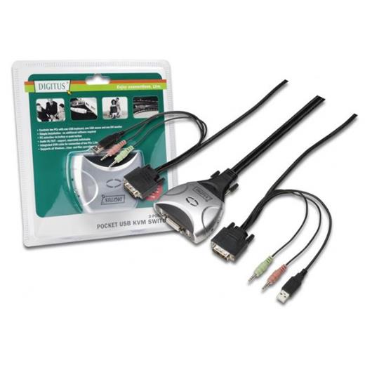 DS-11802-1 Digitus 2 portlu USB Mini Dvi KVM (Keyboard/Video Monitor/Mouse) Switch, Hoparlör ve Mikrofon desteği, Masaüstü Tip, KVM bağlantı kablo