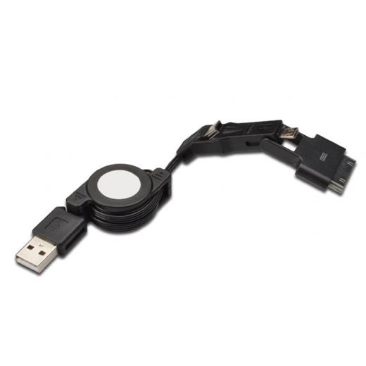 AK-620300-075-S 3 in 1 Makaralı Kablo, Samsung 30pin erkek <-> micro USB B erkek + mini USB B erkek + USB A, 0.75 metre, USB 2.0 uyumlu, AWG30, 2x zırhlı