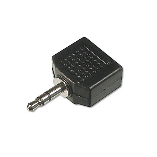 AK-510500-000-S Stereo Ses Adaptörü, 1 x 3.5mm erkek yuva - 2 x 3.5mm dişi yuva, plastik, siyah renk



