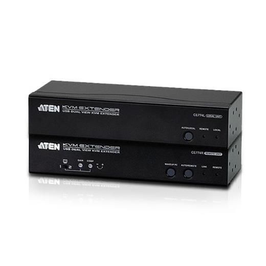 ATEN-CE774 Dual View VGA KVM (Keyboard/Video Monitor/Mouse) Mesafe Uzatma Cihazı, Ses (hoparlör ve mikrofon) bağlantı desteği, 150 metre, USB Konsol,
