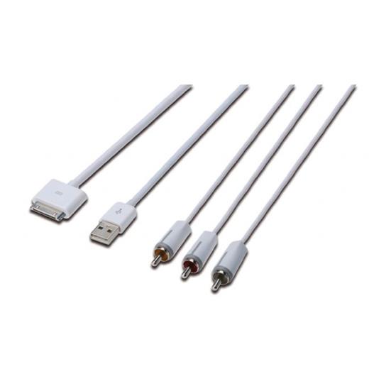 DB-600101-015-W Digitus Apple Audio/Video bağlantı kablosu, Apple 30pin Erkek <->- 3 x RCA Erkek + USB A Erkek, 1.5 metre, Komposit Audio/Video, USB 2.0 uyumlu, UL, beyaz renk