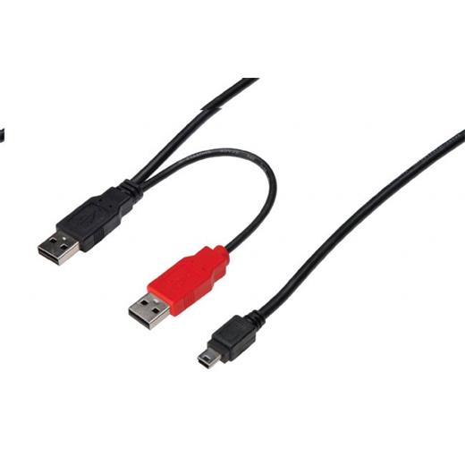 AK-300113-010-S USB Y Bağlantı Kablosu, 1 x USB mini B (5 pin) Erkek - 2 x USB A Erkek, 1 metre, AWG 28, USB 2.0 uyumlu, UL, siyah renk