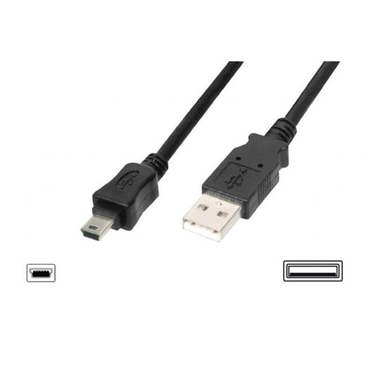 AK-300108-018-S USB 2.0 Bağlantı Kablosu, USB A Erkek - USB mini B (5 pin) Erkek, 1.80 metre, AWG 28, USB 2.0 uyumlu, UL, siyah renk