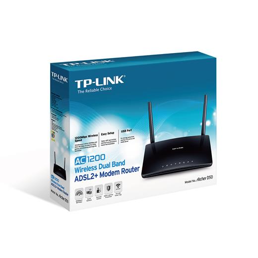 TP-Link Archer D50, Ac12000, (867Mbps 5Ghz + 300Mbps 2.4Ghz), 4 Port, Kablosuz Dual Band Adsl2+ Modem Router