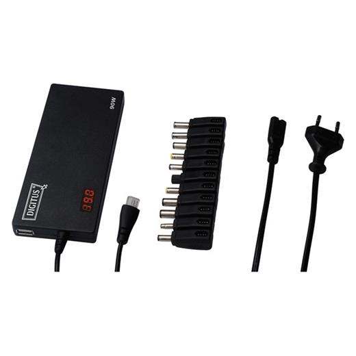 DA-10090 Digitus Notebook İçin DC 90W Güç Adaptörü, 11 farklı adaptör fişli, USB port ile şarj imkanı, giriş 100-240V AC, ev/ofis için ideal