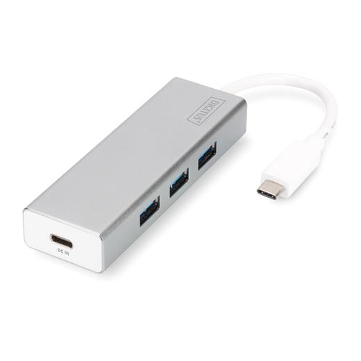 DA-70242 Digitus 3 Port USB 3.0 Hub,  3 x USB 3.0 USB-A Dişi Konnektör (USB çevre ürünü),  1 x USB Tip C PD (Power Delivery) port, 1 x USB Tip C erkek port (bilgisayar bağlantısı için), alüminyum, Mac ve Windows destekler