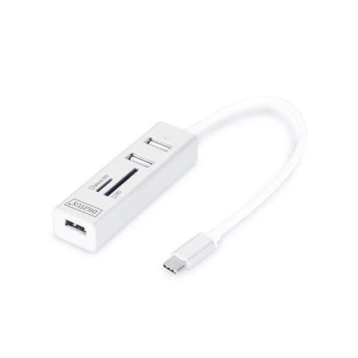 DA-70243 Digitus USB 2.0 Tip C 3 Port Hub, Kart Okuyucu, 3 x USB 2.0. 1 x SD, 1 x MicroSD kart yuvası, alüminyum 