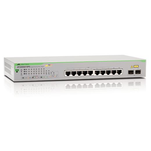 AT-GS950/10PS Gigabit Ethernet <b>PoE+ WebSmart</b> Switch<br>
10-port 10/100/1000T PoE+<br>
2 x SFP (100TX, 100FX, 1000T, 1000SX or 1000LX) (combo)<br>
75 Watt PoE Budget