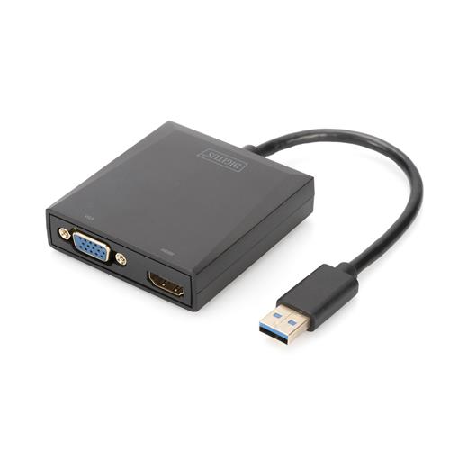 DA-70843 Digitus USB 3.0 <-> Hdmi/VGA Grafik Adaptörü<br>
Giriş: 1 x USB 3.0 USB-A erkek<br>
Çıkış:  <br>
1 x Hdmi A (19-pin) dişi  (Full HD, 1080p)<br>
1 x VGA (HD15) dişi (Full HD)<br>
Plastik
