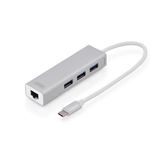 DA-70255 Digitus USB 3.0 Hub & USB 3.0 Gigabit Ethernet Adaptörü, 1 x 10/100/1000 RJ45 Dişi Yuva, 1 x USB-C Erkek Konnektör (bilgisayar bağlantısı için), 3 x USB 3.0 USB-A Dişi Yuva (USB çevre ürünü), alüminyum, Mac ve Windows destekler