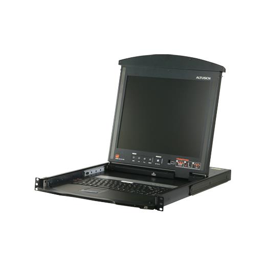 ATEN-KL1100NT Çift Sürgülü Kasaya Sahip, KVM Switch’i Olmayan, Türkçe Klavye, Touchpad ve 19" LCD Ekranı Bulunan Konsol, Konsol Sayısı 2 (İlave konsol portu sayesinde 2 lokal kullanıcı çalışabilir.)  