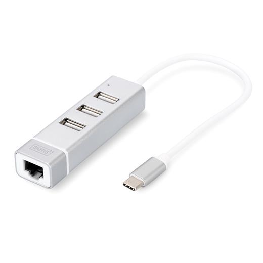 DA-70253 Digitus 3 port USB Tip C Hub & Fast Ethernet LAN Adaptörü, 3 x USB A/Diş (USB 2.0), 1 x RJ45 Dişi (10/100), 1 x USB Tip C (bilgisayar bağlantısı), alüminyum