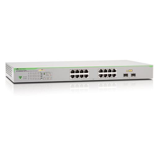 AT-GS950/16PS Gigabit Ethernet <b>PoE+ WebSmart</b> Switch<br>
16-port 10/100/1000T PoE+<br>
2 x SFP (100TX, 100FX, 1000T, 1000SX or 1000LX) (combo)<br>
185 Watt PoE Budget