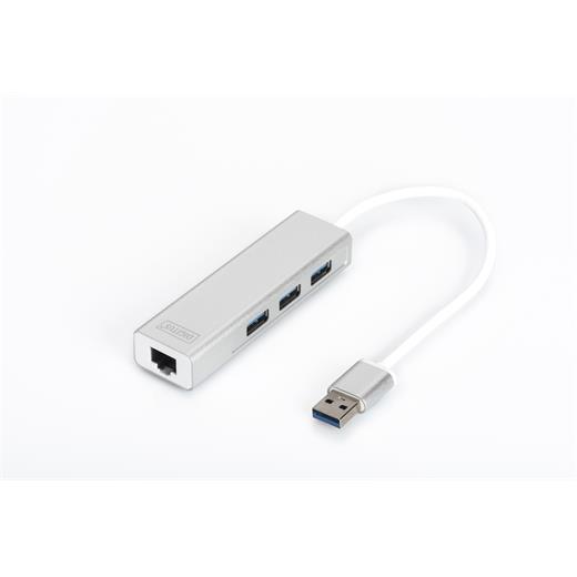 DA-70250-1 Digitus 3 Port USB 3.0 Hub & USB 3.0 Gigabit Ethernet Adaptörü, 1 x 10/100/1000 RJ45 Dişi Yuva, 1 x USB-A Erkek Konnektör Kablolu 20 cm, 3 x USB 3.0 USB-A Dişi Konnektör, alüminyum, Mac ve Windows destekler