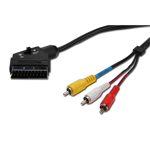 AK-490101-015-S Scart Bağlantı Kablosu, Scart 21 pin <-> 3 x RCA (Görüntü + Ses/Stereo için), 1.50 metre, CCS, zırhlı, 1 x 0.4 mm / 2 x 0.10 / 10, Erkek / Erkek, siyah renk,  I/O switch'li (sinyal yönünü tayin edebilmek için)