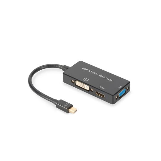 AK-340419-002-S DisplayPort Çeviricisi/3 in 1 Multi-Media Kablosu<br>Kablolu, 0.20 metre<br>mini DP Erkek <-> Hdmi Dişi + Dvi Dişi + VGA Dişi<br>Siyah renk, altın kaplama