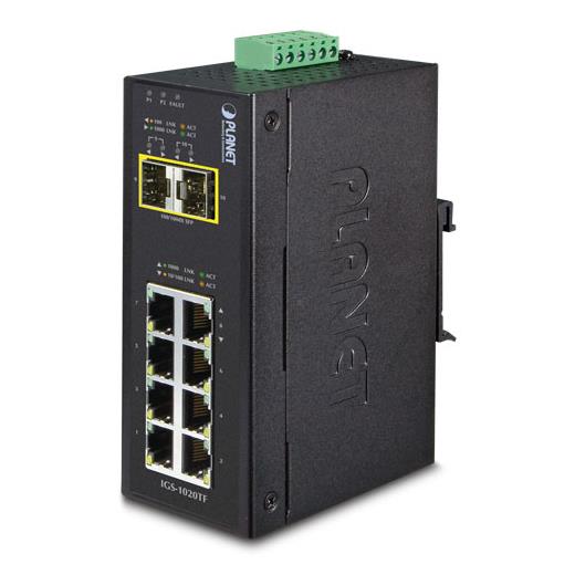 PL-IGS-1020TF Endüstriyel Tip Yönetilemeyen Switch (Industrial Unmanaged Switch)<br>
8-Port 10/100/1000Mbps<br>
2 x 1000BASE-SX/LX/BX SFP/mini-GBIC yuva (Port-9 ve Port-10), 100Base-FX SFP uyumlu<br>
IP30, -40~75 Derece C