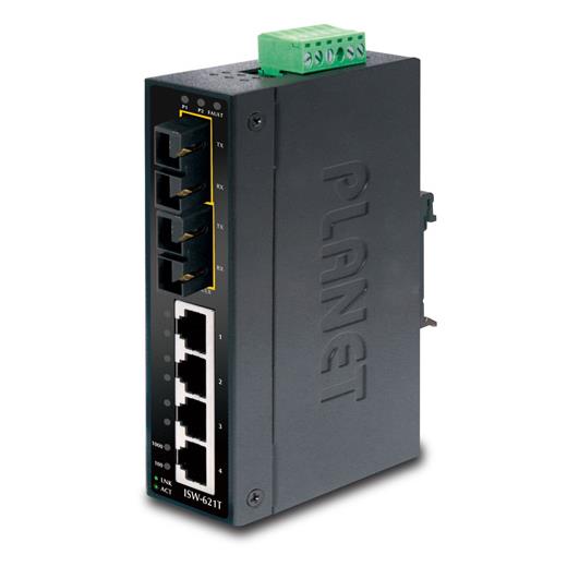 PL-ISW-621T Endüstriyel Tip Yönetilemeyen Ethernet Switch (Industrial Unmanaged Ethernet Switch)<br>
4-Port 10/100Base-TX <br>
2-Port 100Base-FX Multi-mode SC 2 km<br>
IP30, 40~75 Derece C