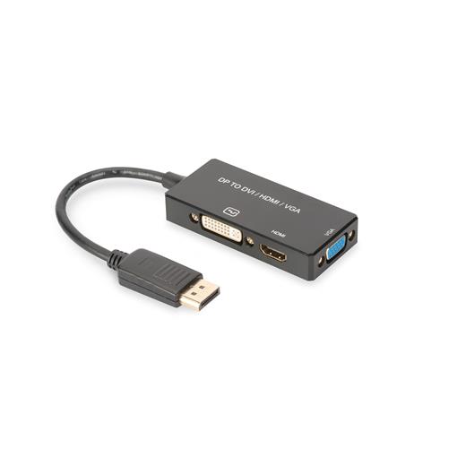 AK-340418-002-S DisplayPort Çeviricisi/3 in 1 Multi-Media Kablosu
Kablolu, 0.20 metre
DP Erkek <-> Hdmi Dişi + Dvi Dişi + VGA Dişi
Siyah renk, altın kaplama