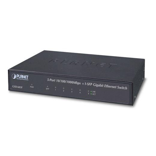 PL-GSD-603F Yönetilemeyen Switch (Unmanaged Switch)<br>5-Port 10/100/1000BASE-T<br>1-Port 1000BASE-X SFP yuva<br>DC 5V, 1A harici güç adaptörü dahil