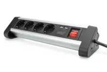 DA-70614 Digitus Ofis Tipi 4'lü Grup Priz, 2 x USB port (5V/2.4A, mobil cihazları şarj etmek için), açma/kapama düğmeli, alüminyum, siyah/gümüş renk