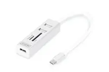 DA-70243 Digitus USB 2.0 Tip C 3 Port Hub, Kart Okuyucu, 3 x USB 2.0. 1 x SD, 1 x MicroSD kart yuvası, alüminyum 