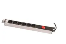 Zeytek ZE-STD-ON06-AL 1U, 6lı grup priz, 19”, Aluminyum profil gövdeli, On/Off anahtarlı, 6xDIN49440 schuko tip, 250V Ac, 16A  3,5 kW, 3x1,5mm2, 2m kablolu, DIN 49441 fişli