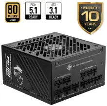 MSI PSU MPG A850GS PCIE5 850W 80+ GOLD ATX 3.1 PCIE 5.1 12V-2X6 POWER SUPPLY
