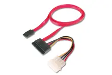 AK-400112-005-R SATA Kablosu, SATA II/III, SATA 22 pin Dişi Konnektör - SATA 7 pin L Tip Dişi Konnektör + 4 pin Erkek Güç Konnektörü, yassı kablo tipi, 0.50 metre, AWG28, zırhsız, kırmızı renk