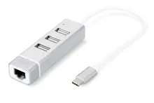 DA-70253 Digitus 3 port USB Tip C Hub & Fast Ethernet LAN Adaptörü, 3 x USB A/Diş (USB 2.0), 1 x RJ45 Dişi (10/100), 1 x USB Tip C (bilgisayar bağlantısı), alüminyum