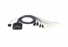 ATEN-CS22DP 2 Port USB DisplayPort KVM (Keyboard/Video Monitor/Mouse) Switch, Masaüstü Tip, KVM bağlantı kablosu ürüne gömülüdür, Remote Port Selector ile birlikte