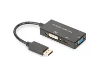 AK-340418-002-S DisplayPort Çeviricisi/3 in 1 Multi-Media KablosuKablolu, 0.20 metreDP Erkek - Hdmi Dişi + Dvi Dişi + VGA DişiSiyah renk, altın kaplama